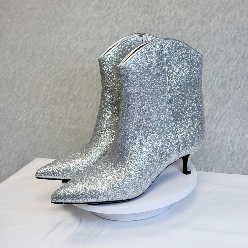 Silver Glitter Ankle Boots Pointed Toe Kitten Heel Western Style 6M AATIRA
